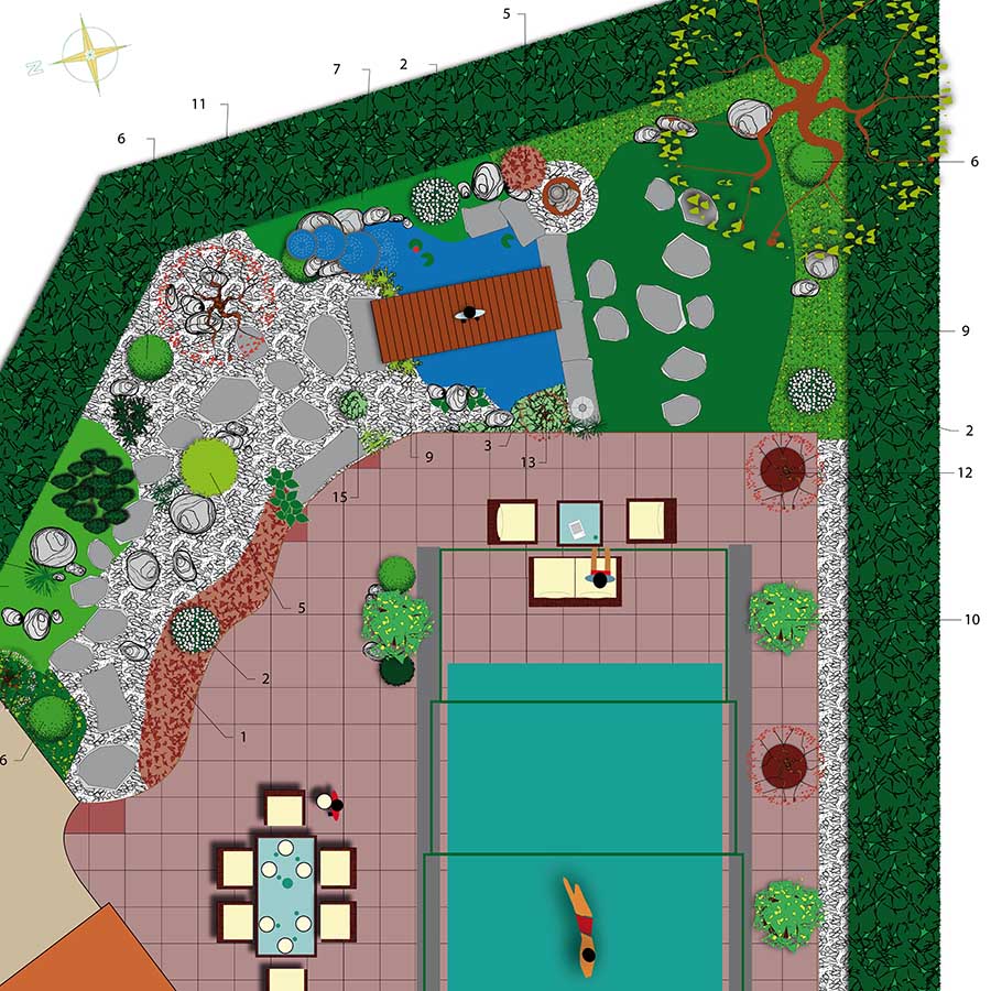 plan à l'échelle d'un jardin japonais avec bassin à poissons koï petit ponton en bois et zone minérale végétalisée